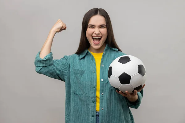 Satisfied Woman Screaming Widely Opening Mouth Celebrating Victory Favourite Football — Stock Photo, Image