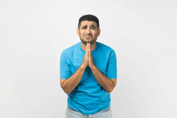 Portrait Sad Upset Unshaven Man Wearing Blue Shirt Standing Has — Stock Photo, Image