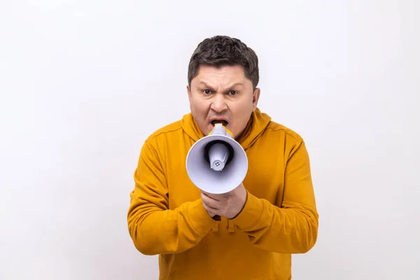 Portrait Dark Haired Middle Aged Handsome Man Screaming Megaphone Announcing — Stockfoto
