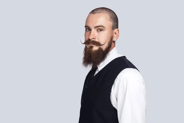 Side View Portrait Serious Attentive Man Beard Mustache Standing Looking — Foto Stock