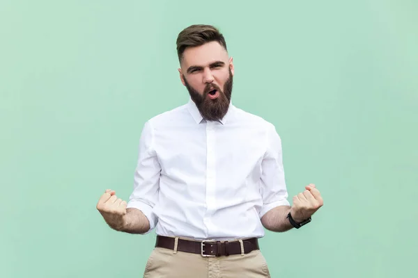 Portrait Excited Bearded Businessman Wearing White Shirt Standing Clenched Fists — Stockfoto