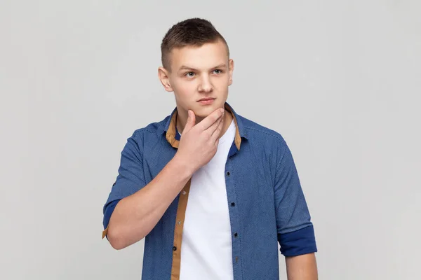 Portrait Serious Pensive Handsome Teenager Guy Wearing Blue Shirt Looking — Stock Photo, Image