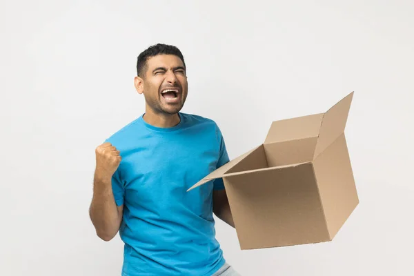 Portrait Extremely Happy Unshaven Man Wearing Blue Shirt Standing Cardboard — Stock Photo, Image