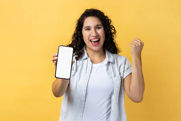 Portrait Extremely Happy Attractive Woman Holding Smart Phone Blank Screen — Foto de Stock