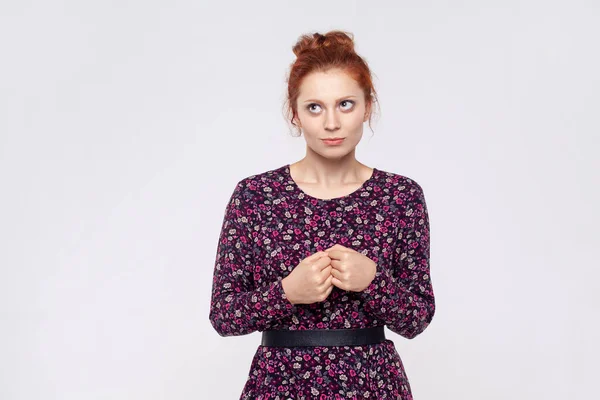 Portrait Puzzled Pensive Young Adult Ginger Woman Wearing Dress Standing — Fotografia de Stock