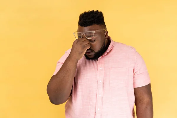 Portrait Frustrated Man Wearing Pink Shirt Optical Glasses Touching Closed — Stockfoto