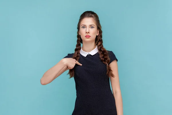 Portrait Surprised Astonished Woman Braids Standing Pointing Herself Amazement Looking — Foto Stock