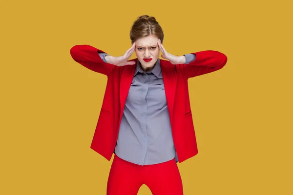 Portrait Sad Upset Unhealthy Woman Red Lips Standing Hands Temples — Stock Photo, Image