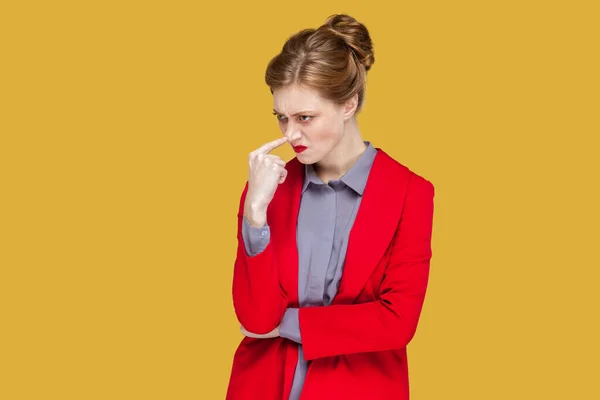 Portrait Young Adult Woman Red Lips Standing Keeps Finger Nose — Stock Photo, Image