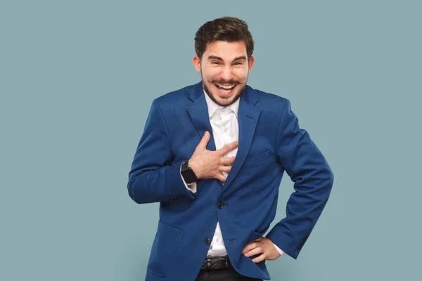 Extremely Happy Laughing Man Mustache Standing Holding Hand Chest Hearing — Stock Photo, Image