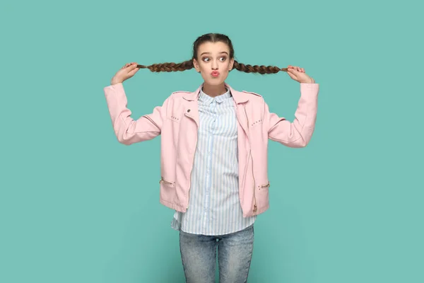 Portrait Funny Positive Flirting Teenager Girl Braids Wearing Pink Jacket — Stockfoto