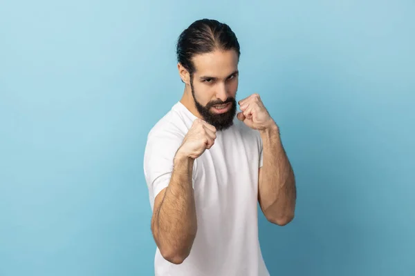 Portrait Aggressive Man Beard Wearing White Shirt Holding Clenched Fists — Stock Photo, Image