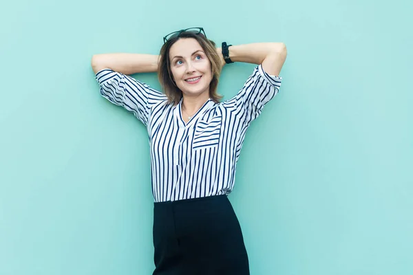 Portrait Smiling Attractive Joyful Woman Wearing Striped Shirt Standing Hands — Stok Foto