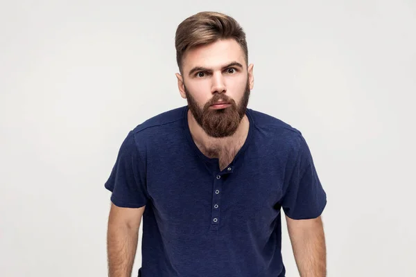 Portrait Disgruntled Man Beard Wearing Dark Blue Shirt Looking Annoyed — Foto Stock
