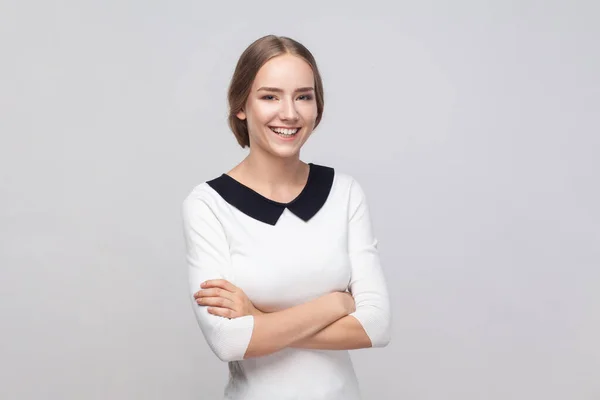 Portrait Smiling Friendly Woman Wearing White Dress Standing Crossed Arms — Stock Photo, Image
