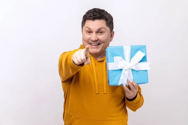 Portrait Satisfied Middle Aged Handsome Man Standing Holding Present Box — Stockfoto