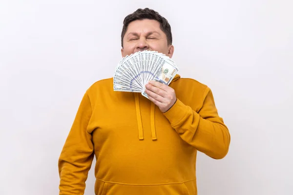 Greedy Mercantile Man Smelling Fan Cash Enjoying Aroma Hundred Dollars — Stock Photo, Image
