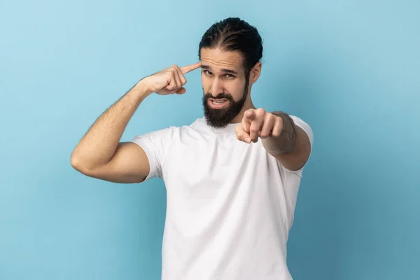 You Nuts Portrait Man Beard Showing Stupid Gesture Pointing Camera — Stok fotoğraf