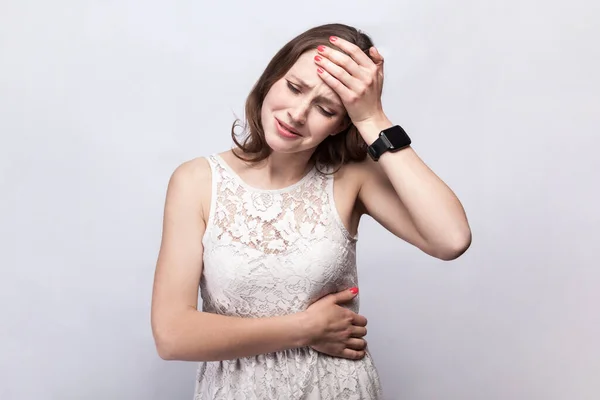 Portrait Sick Unhealthy Woman Wearing White Dress Feels Unwell Suffering — Stock Photo, Image
