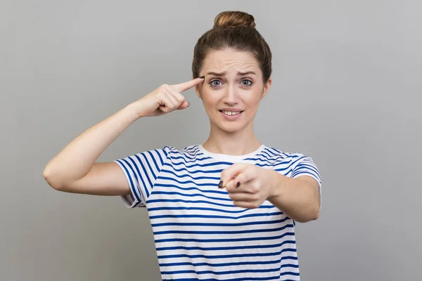 You Idiot Woman Wearing Striped Shirt Showing Stupid Gesture Pointing — Stockfoto