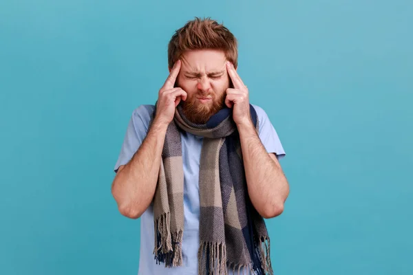 Portrait Bearded Man Wrapped Scarf Standing Painful Grimace Touching Sore — Stock Photo, Image