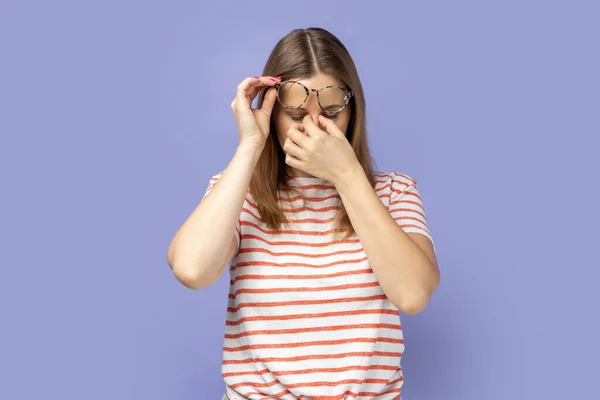 Portrait Frustrated Blond Woman Wearing Striped Shirt Touching Closed Eyes — Stock Photo, Image