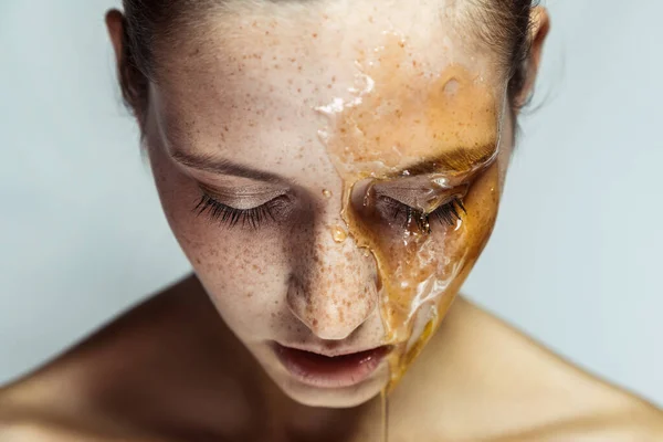 Closeup Portrait Adorable Winsome Young Brunette Woman Freckles Honey Mask — Stock Photo, Image