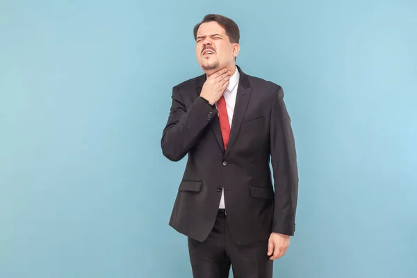 Man Mustache Standing Feels Unwell Keeps Hand Neck Has Inflammation — Stock Photo, Image
