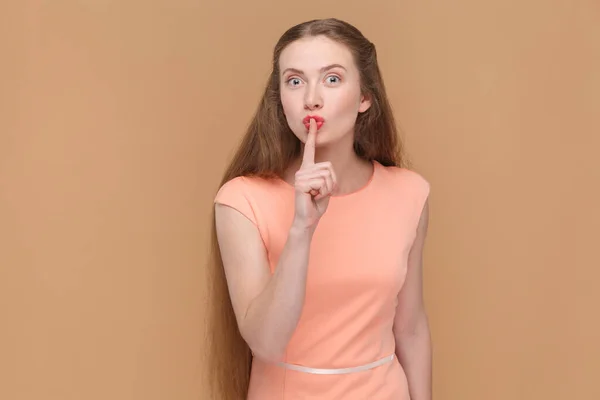 Portrait Attractive Winsome Woman Long Hair Showing Shh Gesture Keep — Stock Photo, Image