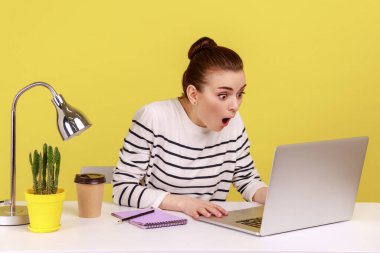 Şaşırmış kadın ofis yöneticisi büyük gözleri ve ağzı açık bilgilerle karışık bir şekilde dizüstü bilgisayar ekranına bakıyor. Sarı arka planda kapalı stüdyo çekimleri.