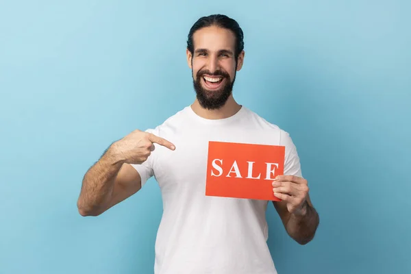 Look Portrait Extremely Happy Man Beard Wearing White Shirt Pointing — Stock Photo, Image
