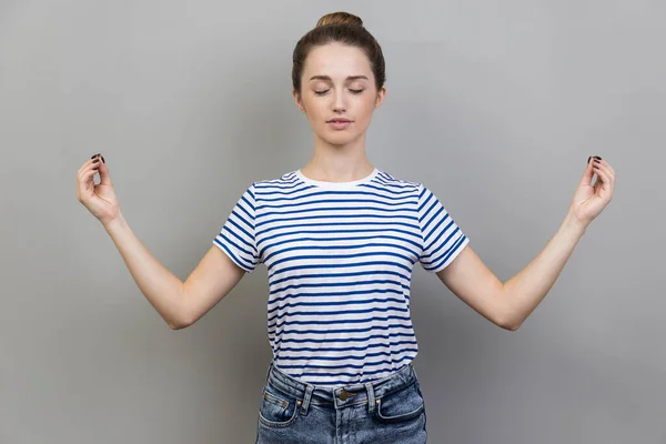 Portrait Calm Relaxed Woman Wearing Striped Shirt Doing Yoga Breathing — Stock Photo, Image