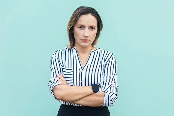 Portrait Serious Middle Aged Woman Wearing Striped Shirt Standing Crossed — Stock Photo, Image