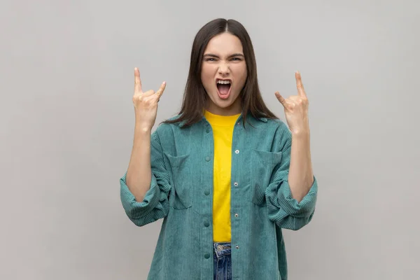 Naughty Excited Woman Dark Hair Showing Rock Roll Gesture Fingers — Stock Photo, Image