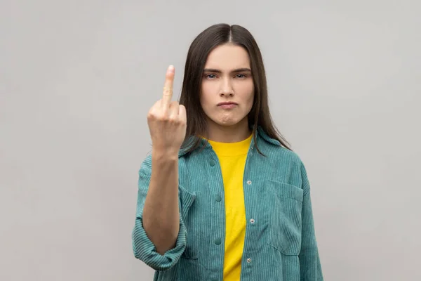 Portrait Dark Haired Woman Rejecting Communication Showing Middle Finger Express — Stock Photo, Image
