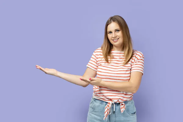 Portrait Friendly Smiling Satisfied Blond Woman Wearing Striped Shirt Standing — Stock Photo, Image