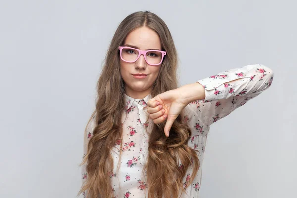 Portrait Disappointed Young Adult Woman Glasses Long Blond Hair Showing — Stock Photo, Image