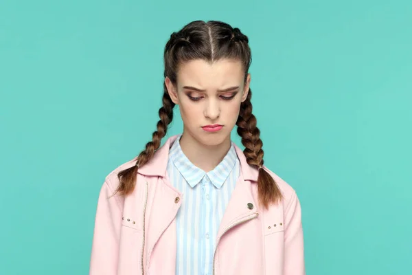 Portrait Sad Upset Teenager Girl Braids Wearing Pink Jacket Standing — Stock Photo, Image