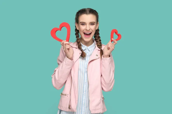Portrait Excited Positive Happy Teenager Girl Braids Wearing Pink Jacket — Stock Photo, Image