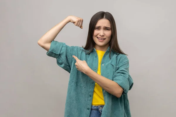 Look How Strong Confident Independent Woman Raising Hand Pointing Biceps — Stock Photo, Image