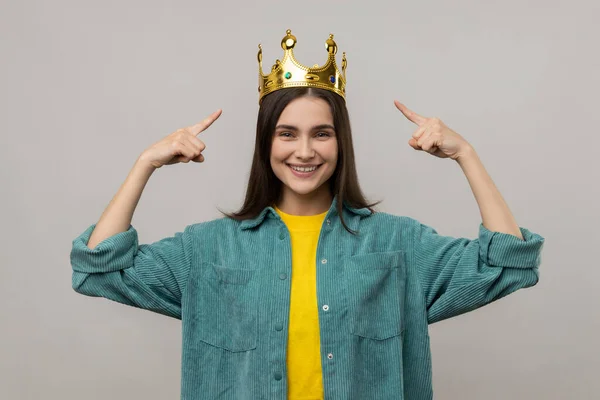 Happy Woman Pointing Fingers Golden Crown Her Head Showing Her — Stock Photo, Image