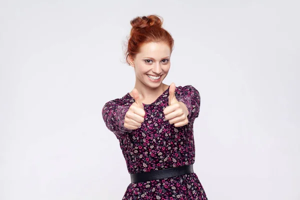 Portrait Smiling Happy Satisfied Ginger Woman Wearing Dress Standing Showing — Stock Photo, Image