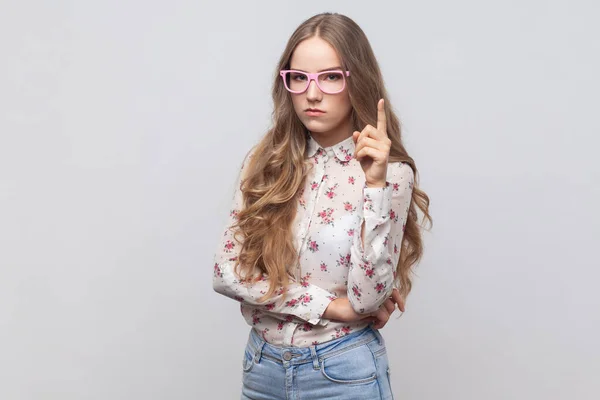Careful Portrait Beautiful Woman Glasses Long Blond Hair Seriously Pointing — Stock Photo, Image