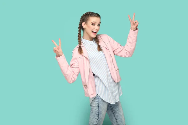 Portrait Excited Optimistic Cheerful Teenager Girl Braids Wearing Pink Jacket — Stock Photo, Image