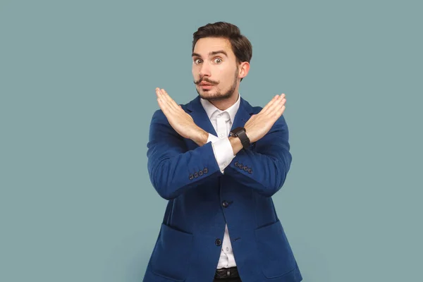 Serious Strict Man Mustache Standing Showing Sign Way Gesture Looking — Stock Photo, Image