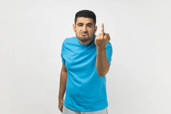 Segno Protesta Ritratto Volgare Unshaven Uomo Indossa Blu Shirt Mostra — Foto Stock