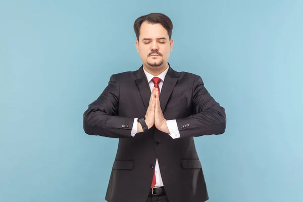 Portrait Calm Man Mustache Standing Closed Practicing Yoga Meditating While — Stock Photo, Image