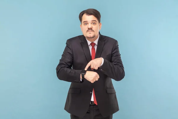 Portrait Serious Man Mustache Standing Looking Camera Pointing His Smartwatch — Stock Photo, Image