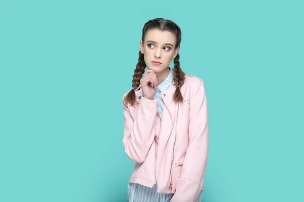 Portrait Pensive Thoughtful Teenager Girl Braids Wearing Pink Jacket Standing — Stock Photo, Image