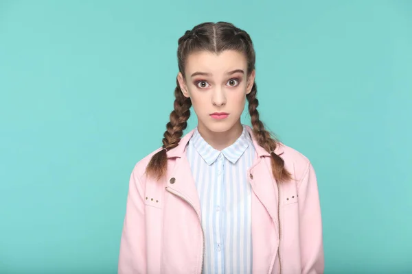 Portrait Shocked Surprised Teenager Girl Braids Wearing Pink Jacket Looking — Stock Photo, Image